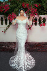 White Wedding Dress Mermaid Off The Shoulder Beaded Sequined Detachable Panel Train Tulle Bridal Gown