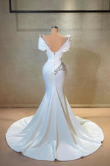 White Wedding Dress Mermaid Off The Shoulder Lace Satin Bridal Gown With Rhinestones