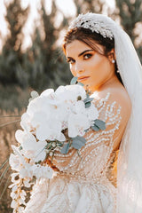 White Wedding Dress Mermaid Off The Shoulder Sleeves Beaded Detachable Train Tulle Bridal Gown With Peals