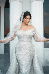 White Wedding Dress Mermaid Off The Shoulder Strapless Beaded Long Sleeves Sequined Detachable Panel Train Long Tulle Bridal Gown With Pearls And Appliques