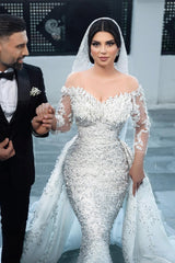 White Wedding Dress Mermaid Off The Shoulder Strapless Beaded Long Sleeves Sequined Detachable Panel Train Long Tulle Bridal Gown With Pearls And Appliques