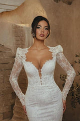 White Wedding Dress Mermaid Portrait Sweetheart Long Sleeve Lace Bridal Gown
