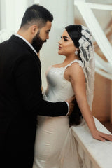 White Wedding Dress Mermaid Spaghetti Strap Square Sleeveless Sweep Train Satin Bridal Gown With Appliques