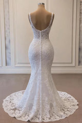 White Wedding Dress Mermaid Spaghetti Strap V Neck Beaded Lace Sweep Train Tulle Bridal Gown