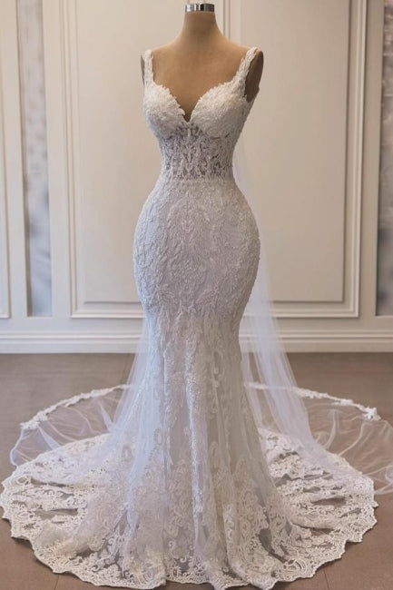 White Wedding Dress Mermaid Spaghetti Strap V Neck Sleeveless Beaded Lace Sweep Train Tulle Bridal Gown