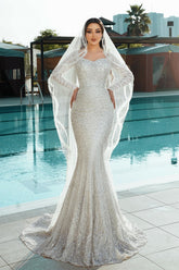 White Wedding Dress Mermaid Square Sleeves Sequined Lace Sweep Train Tulle Bridal Gown
