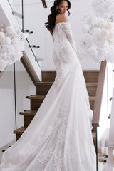 White Wedding Dress Mermaid Strapless Off The Shoulder Beaded Lace Long Sleeves Cathedral Train Tulle Bridal Gown