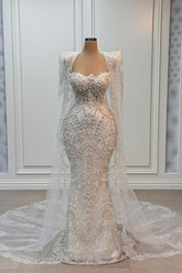 White Wedding Dress Mermaid Strapless Sleeveless Beaded Watteau Train Tulle Bridal Gown With Pearls