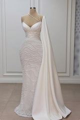 White Wedding Dress Mermaid Sweetheart Beaded Off The Shoulder Cap Sleeve Satin Bridal Gown With Pearls