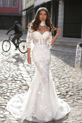 White Wedding Dress Mermaid Sweetheart High Neck Long Sleeves Sweep Train Tulle Bridal Gown With Appliques