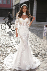 White Wedding Dress Mermaid Sweetheart High Neck Sleeves Sweep Train Tulle Bridal Gown With Appliques