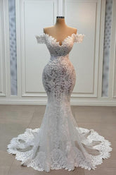 White Wedding Dress Mermaid Sweetheart Off The Shoulder Chapel Train Lace Tulle Bridal Gown With Appliques