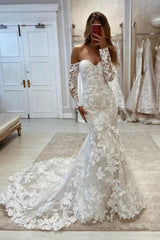 White Wedding Dress Mermaid Sweetheart Off The Shoulder Long Sleeve Lace Court Train Tulle Bridal Gown With Appliques