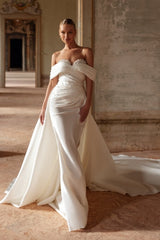 White Wedding Dress Mermaid Sweetheart Off The Shoulder Sleeveless Panel Train Satin Bridal Gown With Pearls