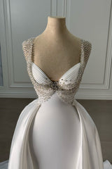White Wedding Dress Mermaid Sweetheart Spaghetti Sleeveless Panel Train Satin Bridal Gown With Beadings