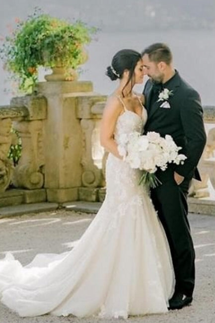 White Wedding Dress Mermaid Sweetheart Spaghetti Strap Sleeveless Sweep Train Tulle Bridal Gown With Appliques