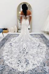 White Wedding Dress Mermaid V Neck Off The Shoulder Lace Cathedral Train Bridal Gown With Appliques