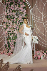 White Wedding Dress Mermaid V Neck Sleeveless Beaded Sweep Train Tulle Bridal Gown With Appliques