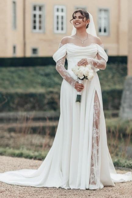 White Wedding Dress Off The Shoulder A Line Illusion Lace Sleeve Sweep Train Satin Bridal Gown With Slit