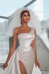 White Wedding Dress One Shoulder Mermaid Bridal Dress with Panel Train