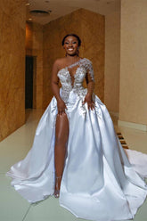 White Wedding Dress One Shoulder Satin Beaded Lace Appliques Bridal Dress