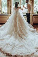 White Wedding Dress Scoop Neck A Line Tulle Lace Bridal Gown With Sleeves
