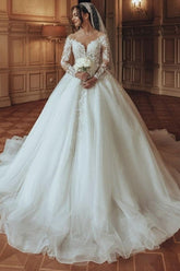 White Wedding Dress Scoop Neck A Line Tulle Lace Bridal Gown With Sleeves