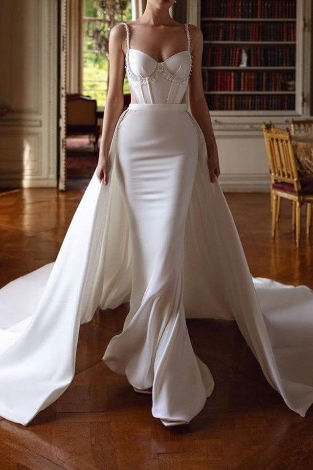 Dreamyannie Women White Wedding Dress Spaghetti Straps Mermaid Beaded Corset Bridal Dress with Panel Train Dreamyannie UK Dreamyannie Women White Wedding Dress Spaghetti Straps Mermaid Beaded Corset Bridal Dress with Panel Train Dreamyannie UK
