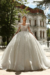White Wedding Dress Square Beaded Long Sleeve Lace Sequined Ball Gown Tulle Bridal Gown With Rhinestones
