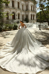 White Wedding Dress Square Beaded Sleeve Lace Sequined Ball Gown Tulle Bridal Gown With Rhinestones