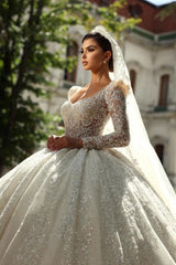 White Wedding Dress Square Beaded Sleeve Lace Sequined Ball Gown Tulle Bridal Gown With Rhinestones