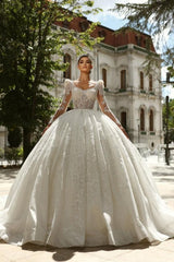 White Wedding Dress Square Beaded Sleeve Lace Sequined Ball Gown Tulle Bridal Gown With Rhinestones