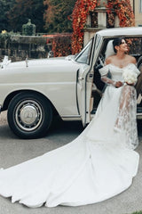 White Wedding Dress Strapless Off The Shoulder A Line Illusion Lace Sleeve Sweep Train Satin Bridal Gown With Slit