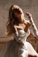 White Wedding Dress Sweetheart A Line Sleeveless Lace Sweep Train Chiffon Bridal Gown With High Slit