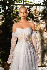 White Wedding Dress Sweetheart A Line Sleeveless Sequined Sweep Train Tulle Bridal Gown With 3D Flowers