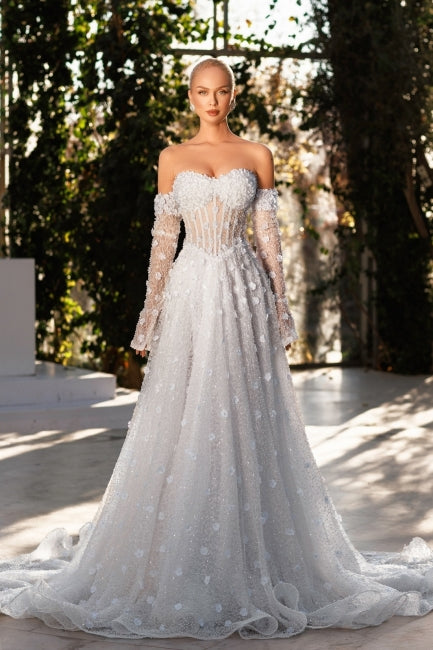 White Wedding Dress Sweetheart A Line Sleeveless Sequined Sweep Train Tulle Bridal Gown With 3D Flowers