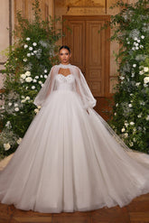 White Wedding Dress Sweetheart Ball Gown Sweep Train Tulle Bridal Gown With Rhinestones
