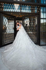 White Wedding Dress Sweetheart Beaded Illusion Sleeves Sequined Ball Gown Tulle Bridal Gown