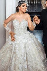 White Wedding Dress Sweetheart Beaded Illusion Sleeves Sequined Ball Gown Tulle Bridal Gown