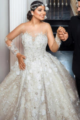 White Wedding Dress Sweetheart Beaded Illusion Sleeves Sequined Ball Gown Tulle Bridal Gown