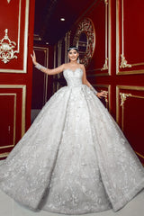 White Wedding Dress Sweetheart Beaded Illusion Sleeves Sequined Ball Gown Tulle Bridal Gown