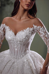 White Wedding Dress Sweetheart Off The Shoulder Beaded Sequined Lace Long Sleeves Ball Gown Long Bridal Gown