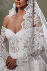 White Wedding Dress Sweetheart Off The Shoulder Sleeves Ball Gown Cathedral Train Lace Bridal Gown
