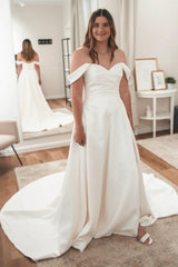 White Wedding Dress Sweetheart V Neck Off The Shoulder A Line Sleeveless Sweep Train Satin Bridal Gown