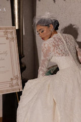 White Wedding Dress V Neck A Line Lace Sleeves Sweep Train Velour Bridal Gown With Appliques