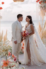 White Wedding Dress V Neck Lace A Line Spaghetti Strap Sequined Sleeveless Watteau Train Long Tulle Bridal Gown With Slit