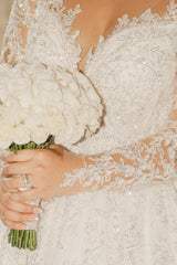 White Wedding Dress V Neck Lace Sequined Ball Gown Long Sleeves Cathedral Train Bridal Gown
