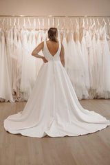 White Wedding Dress V Neck Spaghetti Strap A Line Sleeveless Sweep Train Satin Bridal Gown