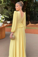 Yellow A Line Prom Dress Long Sleeve V Neck Evening Dress