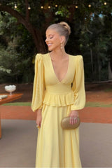 Yellow A Line Prom Dress Long Sleeve V Neck Evening Dress